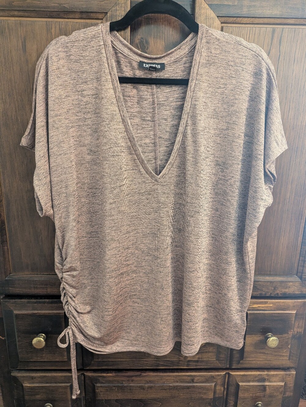 Express Metallic Bronze V-Neck Top with Side Drawstring